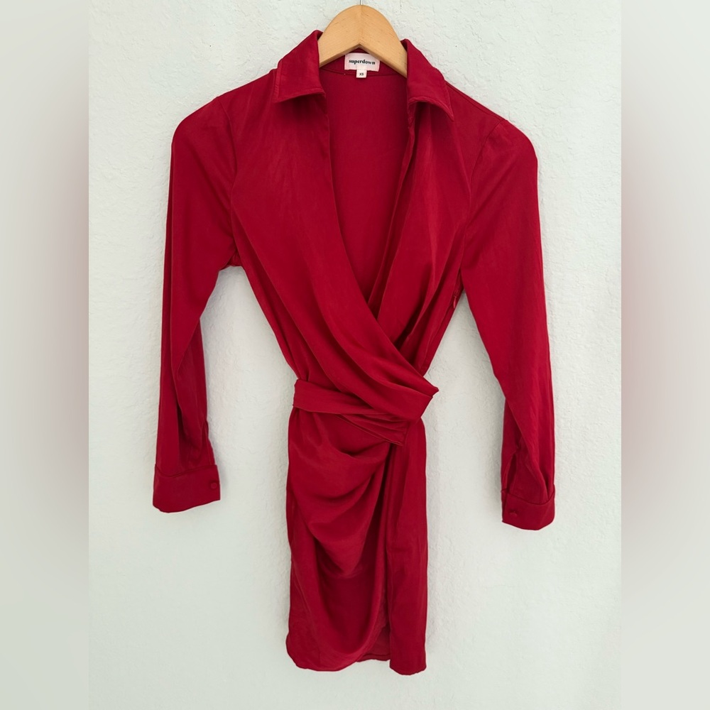 Revolve Super Down Women’s Red V Neck Dress Size XS Open Front Wrap Dress